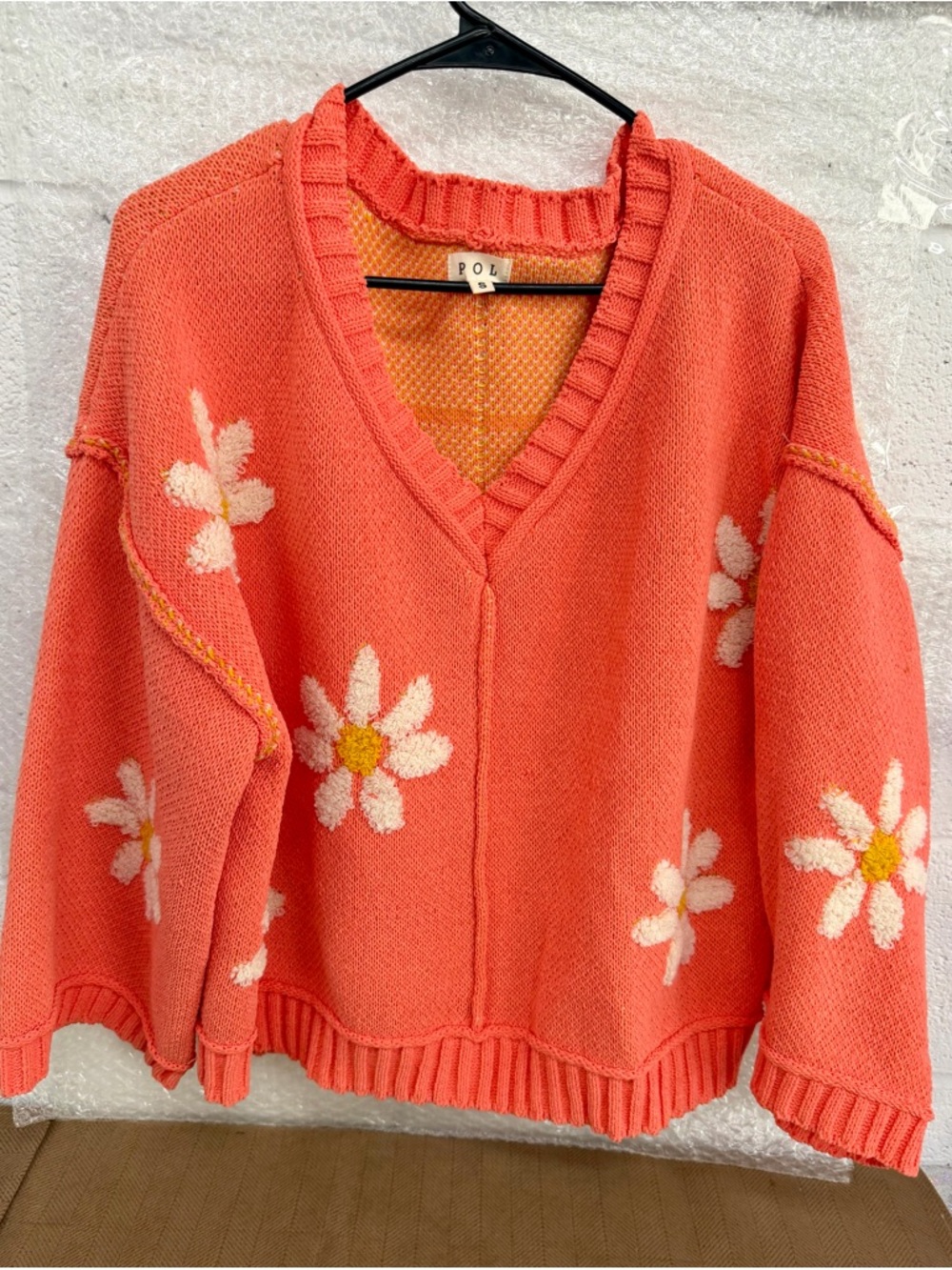 POL S Coral V-Neck Sweater with White and Yellow Daisy Embroidery - Picture 2 of 5